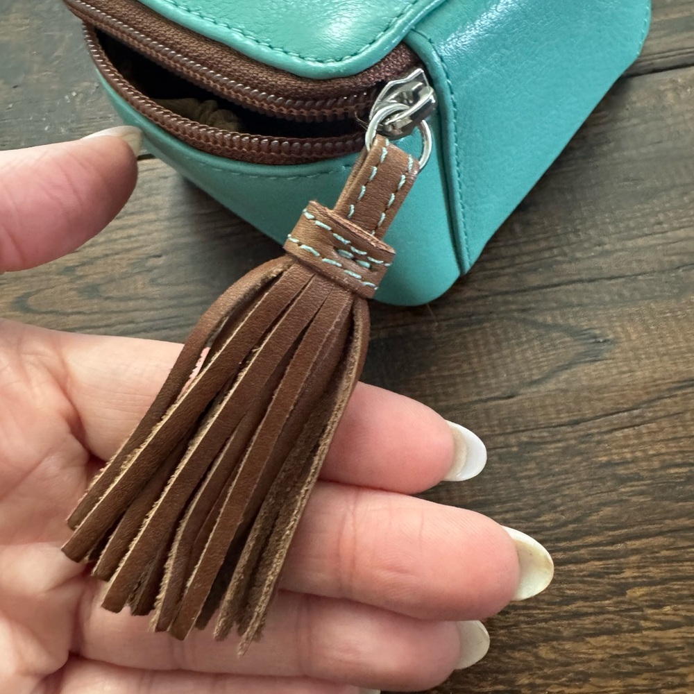 Teal Leather Jewelry Case with Brown Tassel and Accents - Picture 7 of 16